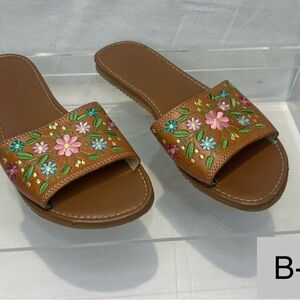 Floral Embroidered Tan Slide Sandals